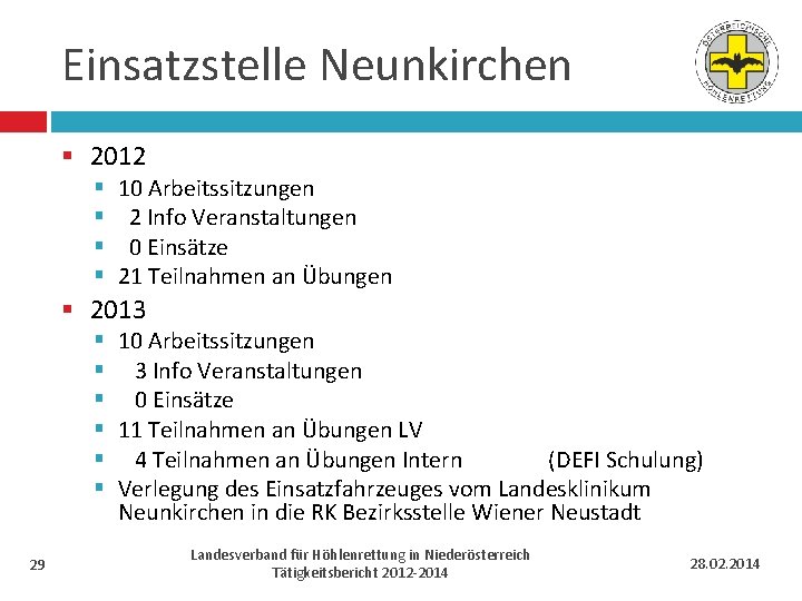 Einsatzstelle Neunkirchen § 2012 § § 10 Arbeitssitzungen 2 Info Veranstaltungen 0 Einsätze 21