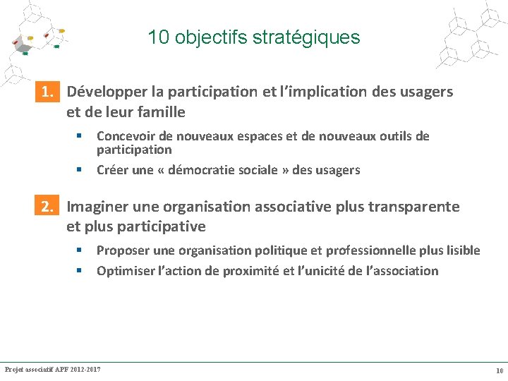 10 objectifs stratégiques 1. Développer la participation et l’implication des usagers et de leur