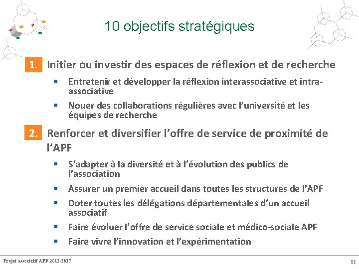 10 objectifs stratégiques 1. Initier ou investir des espaces de réflexion et de recherche