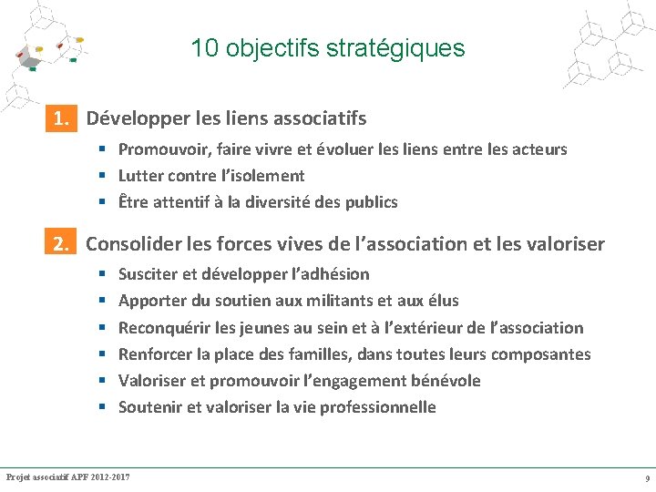 10 objectifs stratégiques 1. Développer les liens associatifs Promouvoir, faire vivre et évoluer les