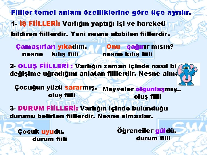 Fiiller temel anlam özelliklerine göre üçe ayrılır. 1 - İŞ FİİLLERİ: Varlığın yaptığı işi