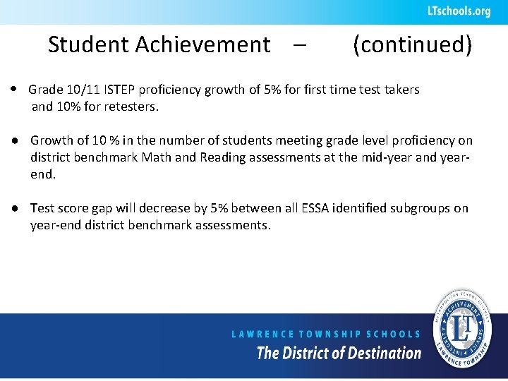 Student Achievement – (continued) • Grade 10/11 ISTEP proficiency growth of 5% for first