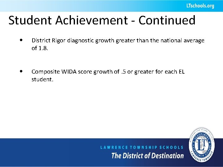 Student Achievement - Continued • District Rigor diagnostic growth greater than the national average