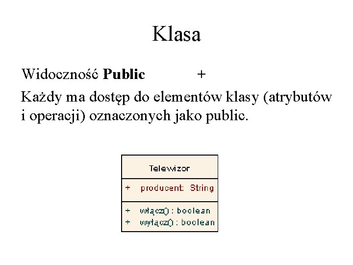 Klasa Widoczność Public + Każdy ma dostęp do elementów klasy (atrybutów i operacji) oznaczonych