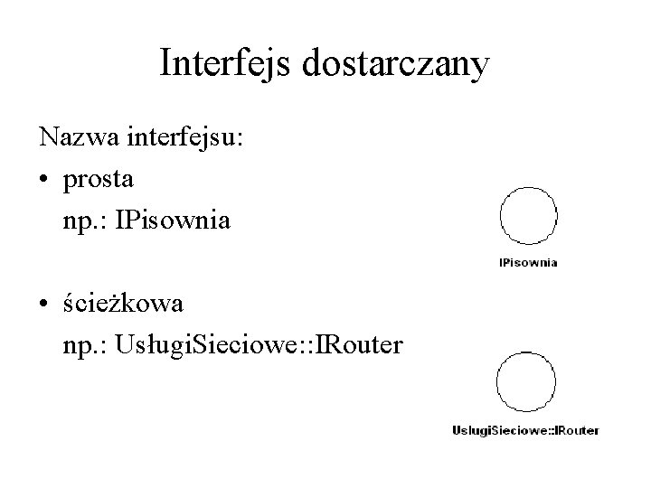 Interfejs dostarczany Nazwa interfejsu: • prosta np. : IPisownia • ścieżkowa np. : Usługi.