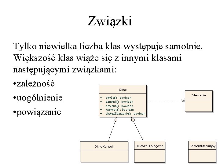 Związki Tylko niewielka liczba klas występuje samotnie. Większość klas wiąże się z innymi klasami