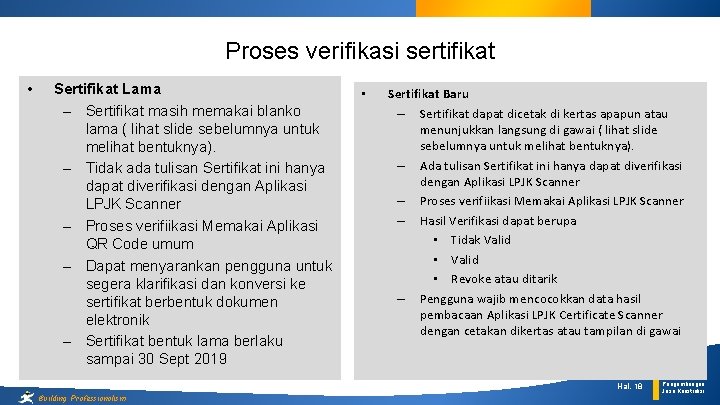 Proses verifikasi sertifikat • Sertifikat Lama – Sertifikat masih memakai blanko lama ( lihat