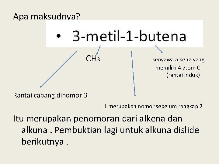 Apa maksudnya? CH 3 senyawa alkena yang memiliki 4 atom C (rantai induk) Rantai
