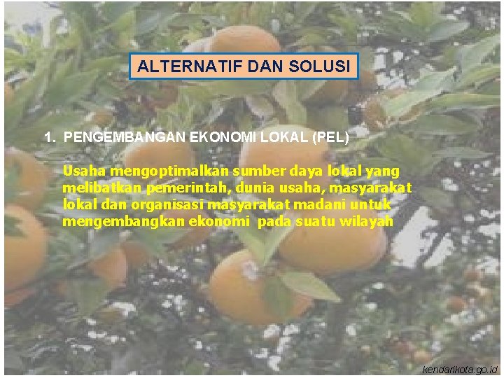 ALTERNATIF DAN SOLUSI 1. PENGEMBANGAN EKONOMI LOKAL (PEL) Usaha mengoptimalkan sumber daya lokal yang