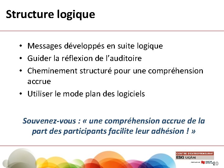 Structure logique • Messages développés en suite logique • Guider la réflexion de l’auditoire