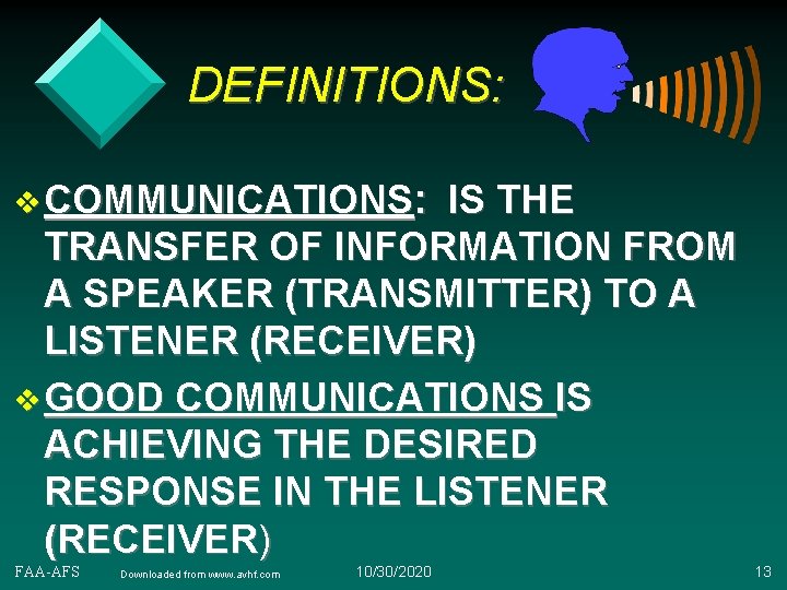 DEFINITIONS: v COMMUNICATIONS: IS THE TRANSFER OF INFORMATION FROM A SPEAKER (TRANSMITTER) TO A