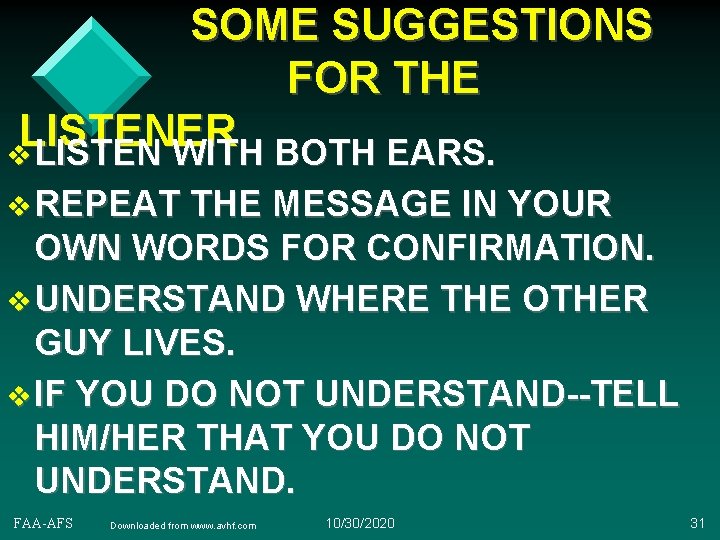 SOME SUGGESTIONS FOR THE LISTENER v LISTEN WITH BOTH EARS. v REPEAT THE MESSAGE