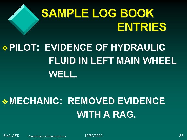 SAMPLE LOG BOOK ENTRIES v PILOT: EVIDENCE OF HYDRAULIC FLUID IN LEFT MAIN WHEEL