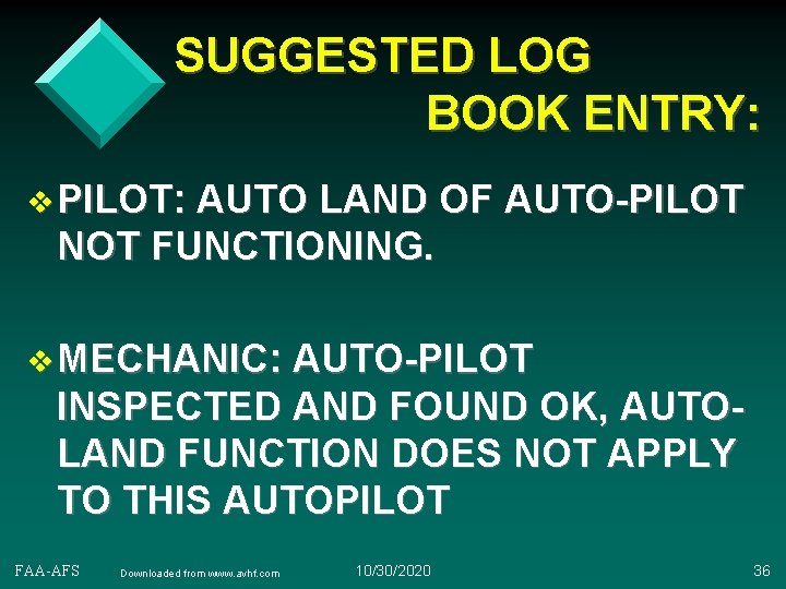 SUGGESTED LOG BOOK ENTRY: v PILOT: AUTO LAND OF AUTO-PILOT NOT FUNCTIONING. v MECHANIC: