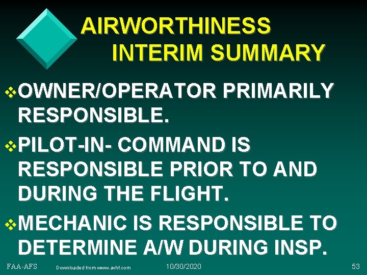 AIRWORTHINESS INTERIM SUMMARY v. OWNER/OPERATOR PRIMARILY RESPONSIBLE. v. PILOT-IN- COMMAND IS RESPONSIBLE PRIOR TO
