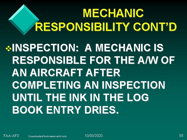 MECHANIC RESPONSIBILITY CONT’D v. INSPECTION: A MECHANIC IS RESPONSIBLE FOR THE A/W OF AN