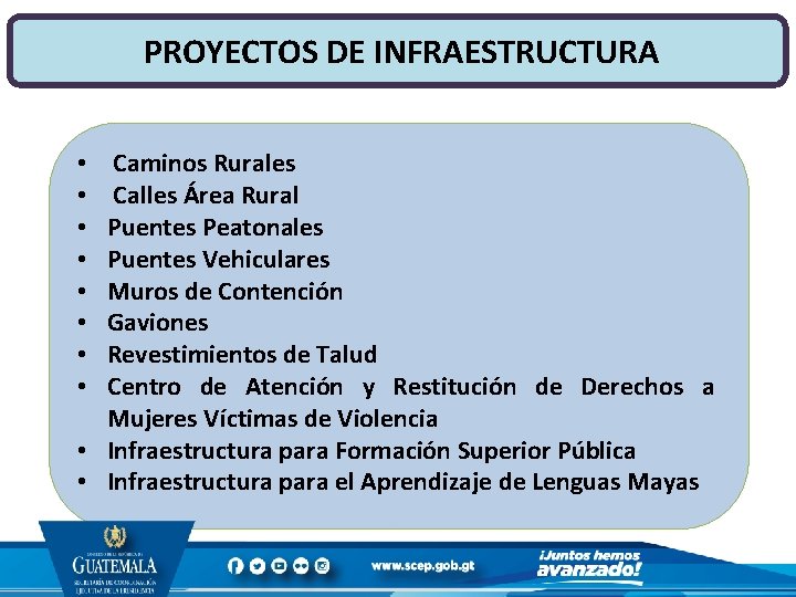  PROYECTOS DE INFRAESTRUCTURA Caminos Rurales Calles Área Rural Puentes Peatonales Puentes Vehiculares Muros