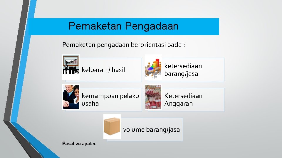 Pemaketan Pengadaan Pemaketan pengadaan berorientasi pada : keluaran / hasil ketersediaan barang/jasa kemampuan pelaku