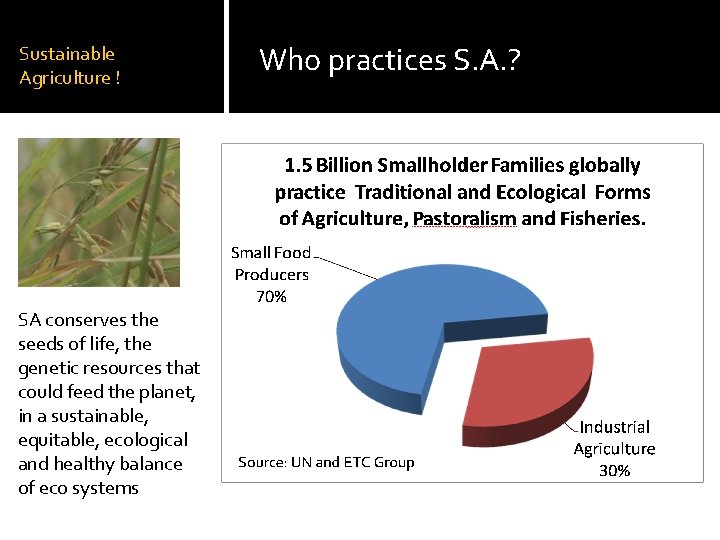 Sustainable Agriculture ! SA conserves the seeds of life, the genetic resources that could