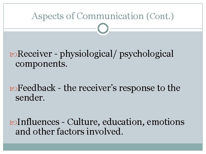 Aspects of Communication (Cont. ) Receiver - physiological/ psychological components. Feedback - the receiver’s