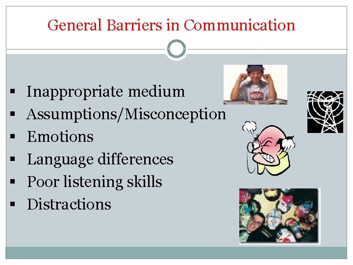 General Barriers in Communication § § § Inappropriate medium Assumptions/Misconception Emotions Language differences Poor
