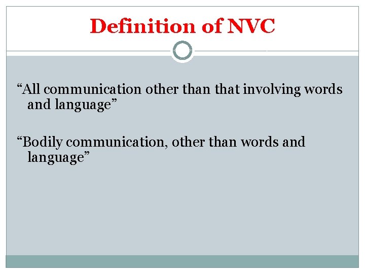 Definition of NVC “All communication other than that involving words and language” “Bodily communication,