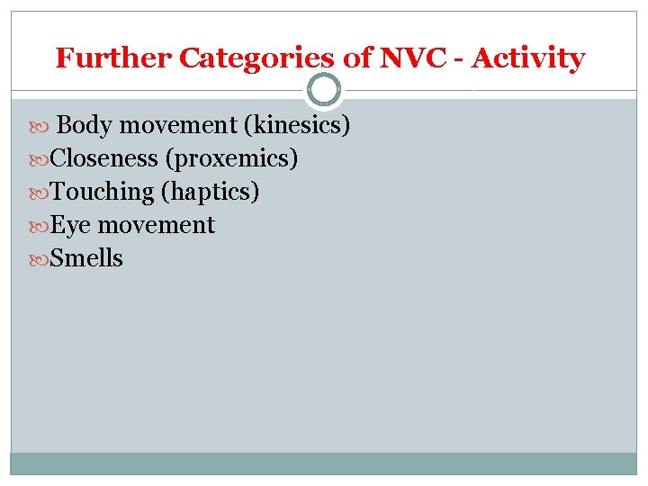 Further Categories of NVC - Activity Body movement (kinesics) Closeness (proxemics) Touching (haptics) Eye