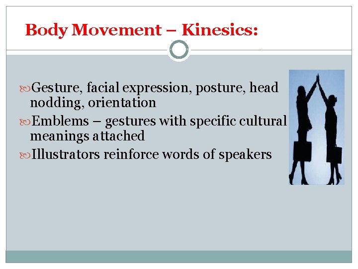 Body Movement – Kinesics: Gesture, facial expression, posture, head nodding, orientation Emblems – gestures
