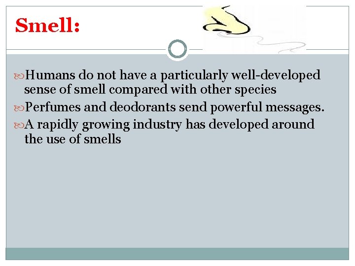 Smell: Humans do not have a particularly well-developed sense of smell compared with other