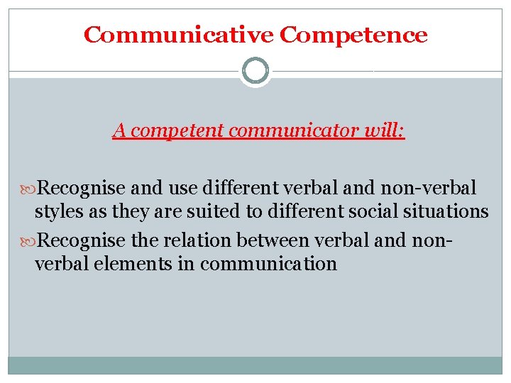 Communicative Competence A competent communicator will: Recognise and use different verbal and non-verbal styles