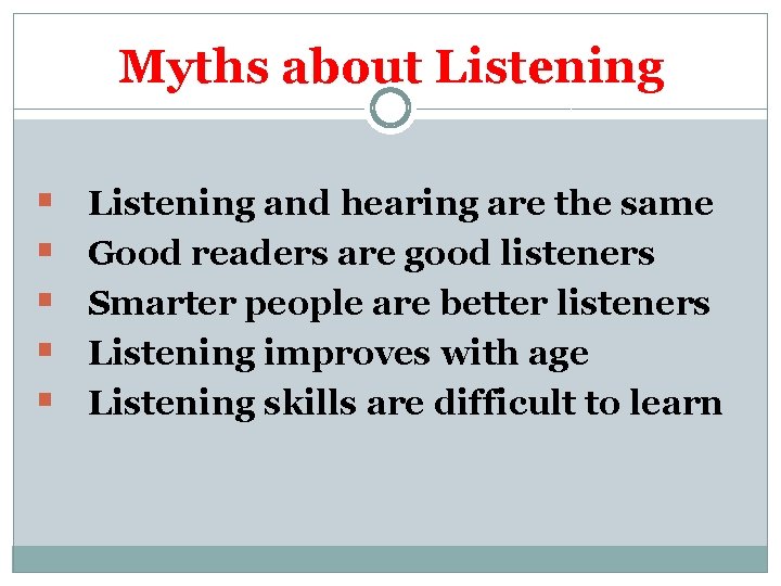 Myths about Listening § § § Listening and hearing are the same Good readers