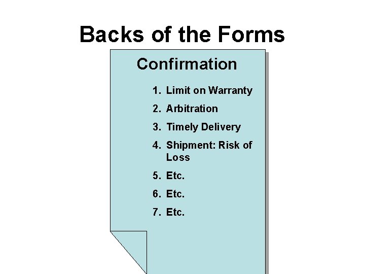 Backs of the Forms Confirmation 1. Limit on Warranty 2. Arbitration 3. Timely Delivery