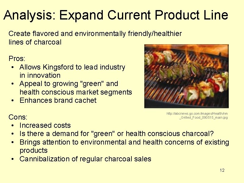 Analysis: Expand Current Product Line Create flavored and environmentally friendly/healthier lines of charcoal Pros: