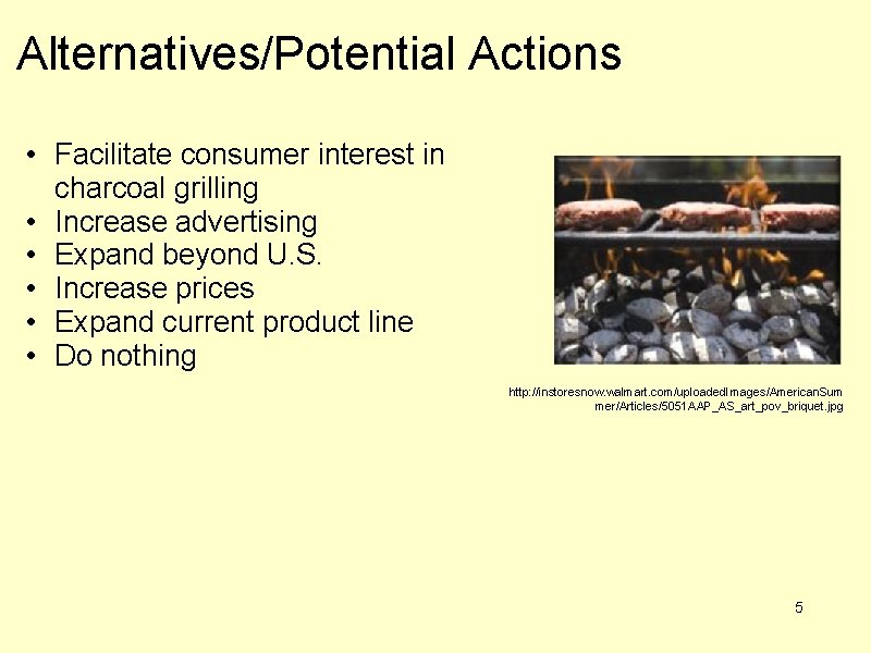Alternatives/Potential Actions • Facilitate consumer interest in charcoal grilling • Increase advertising • Expand