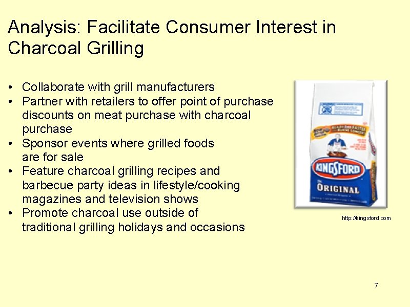 Analysis: Facilitate Consumer Interest in Charcoal Grilling • Collaborate with grill manufacturers • Partner