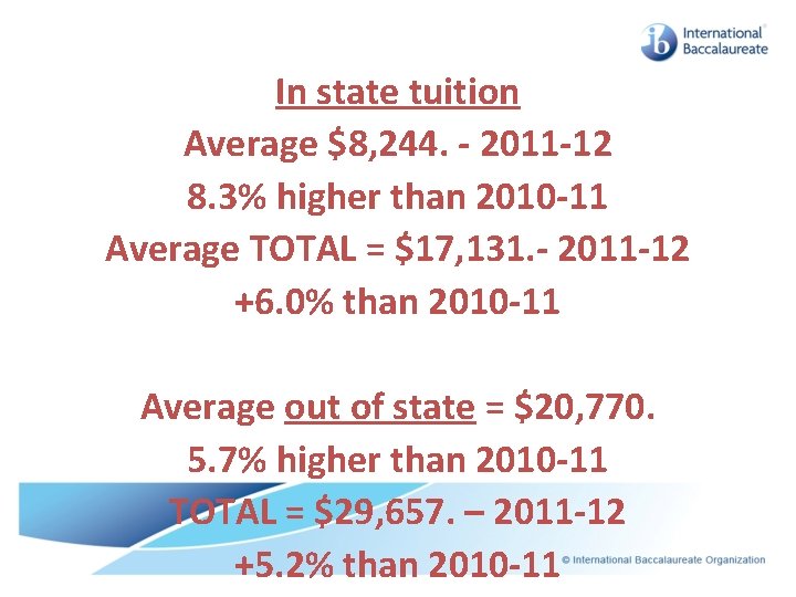 Public 4 Year Institutions In state tuition Average $8, 244. - 2011 -12 8.