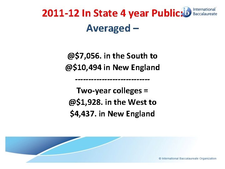 2011 -12 In State 4 year Public: Averaged – @$7, 056. in the South