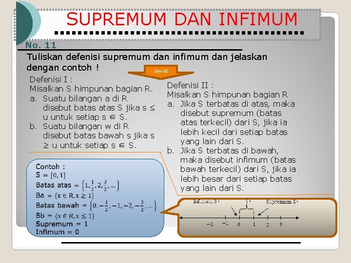 SUPREMUM DAN INFIMUM No. 11 Tuliskan defenisi supremum dan infimum dan jelaskan dengan contoh