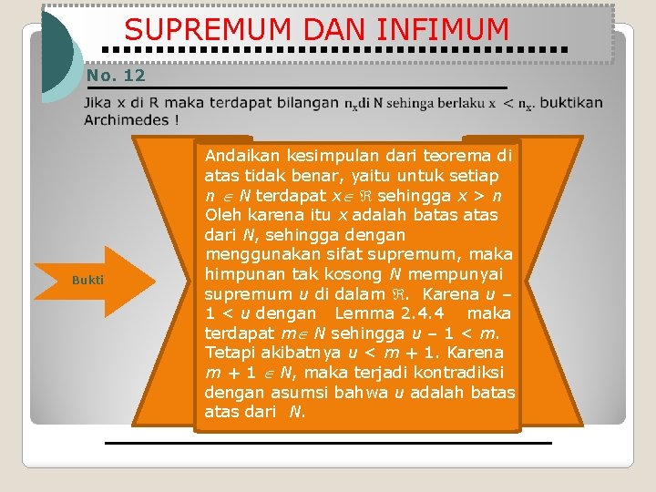 SUPREMUM DAN INFIMUM No. 12 Bukti Andaikan kesimpulan dari teorema di atas tidak benar,