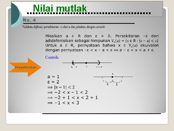 Nilai mutlak No. 4 Tuliskan defenisi: persekitaran –ε dari a dan jelaskan dengan contoh!