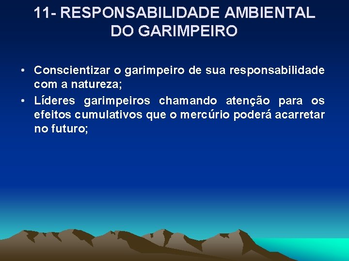 11 - RESPONSABILIDADE AMBIENTAL DO GARIMPEIRO • Conscientizar o garimpeiro de sua responsabilidade com