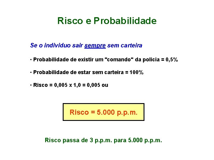 Risco e Probabilidade Se o individuo sair sempre sem carteira • Probabilidade de existir