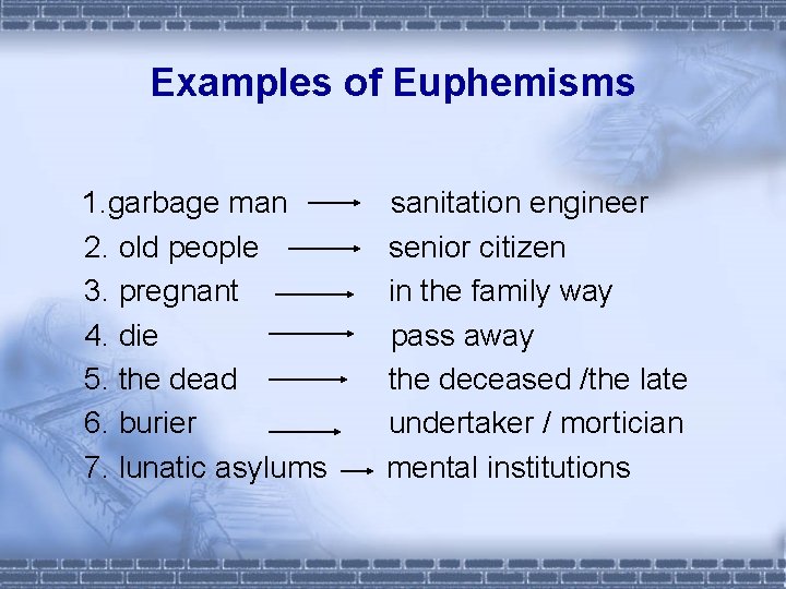 Examples of Euphemisms 1. garbage man 2. old people 3. pregnant 4. die 5.