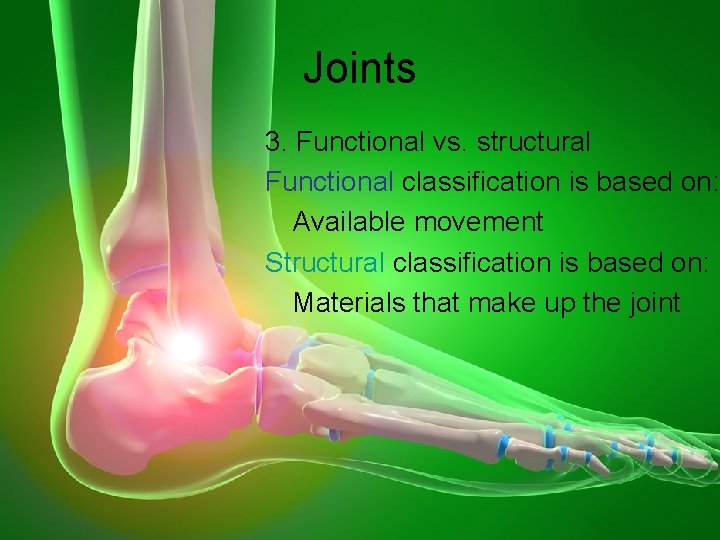 Joints 3. Functional vs. structural Functional classification is based on: Available movement Structural classification