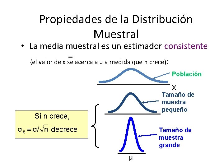 Propiedades de la Distribución Muestral • La media muestral es un estimador consistente (el