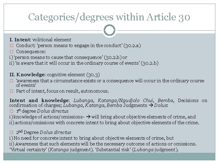 Categories/degrees within Article 30 I. Intent: volitional element � Conduct: ‘person means to engage
