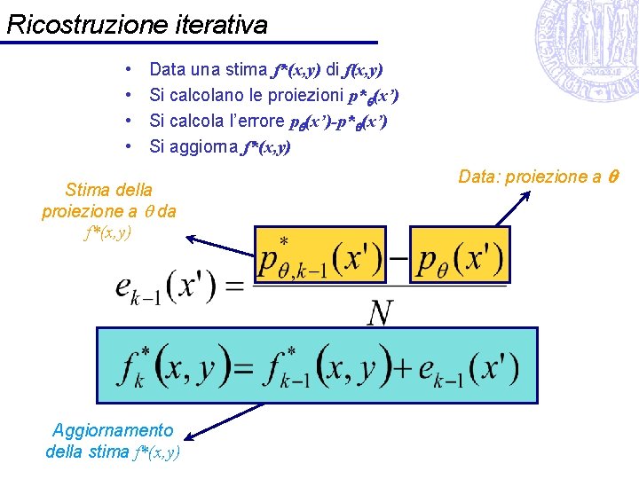 Ricostruzione iterativa • • Data una stima f*(x, y) di f(x, y) Si calcolano