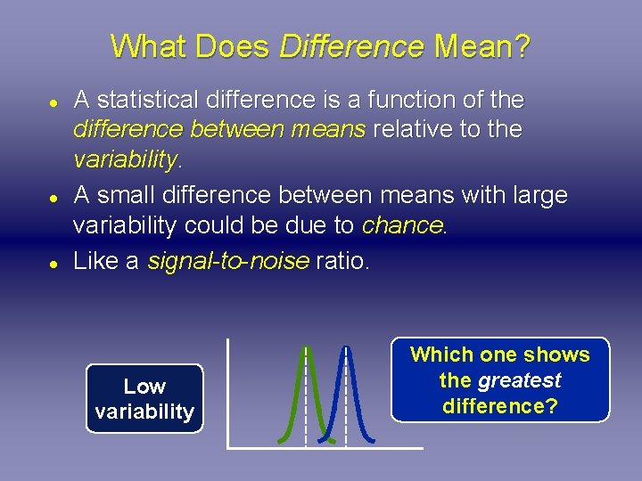 What Does Difference Mean? l l l A statistical difference is a function of