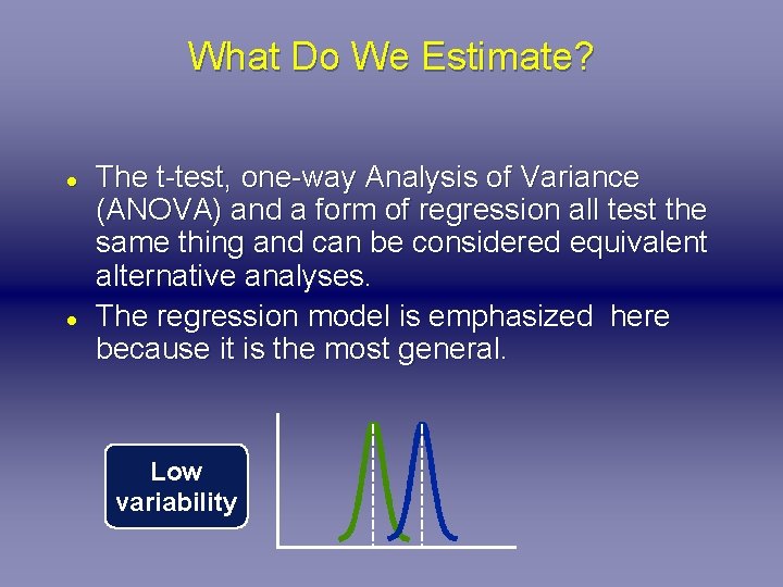 What Do We Estimate? l l The t-test, one-way Analysis of Variance (ANOVA) and