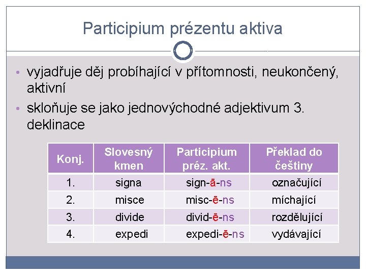 Participium prézentu aktiva • vyjadřuje děj probíhající v přítomnosti, neukončený, aktivní • skloňuje se